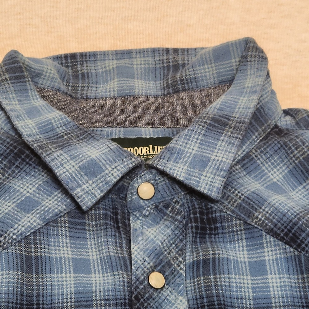Outdoor Life Mens XL Long Sleeve Blue Plaid Pearl Snap Western Flannel Shirt